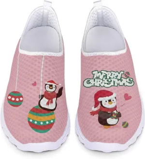 HUIACONG Merry Christmas Penguin Shoes for Women Teen Girls Sneakers Lightweight Workout Gym Tennis Trainers Slip On Walking Running Shoes for Holiday Party, 11 Size
