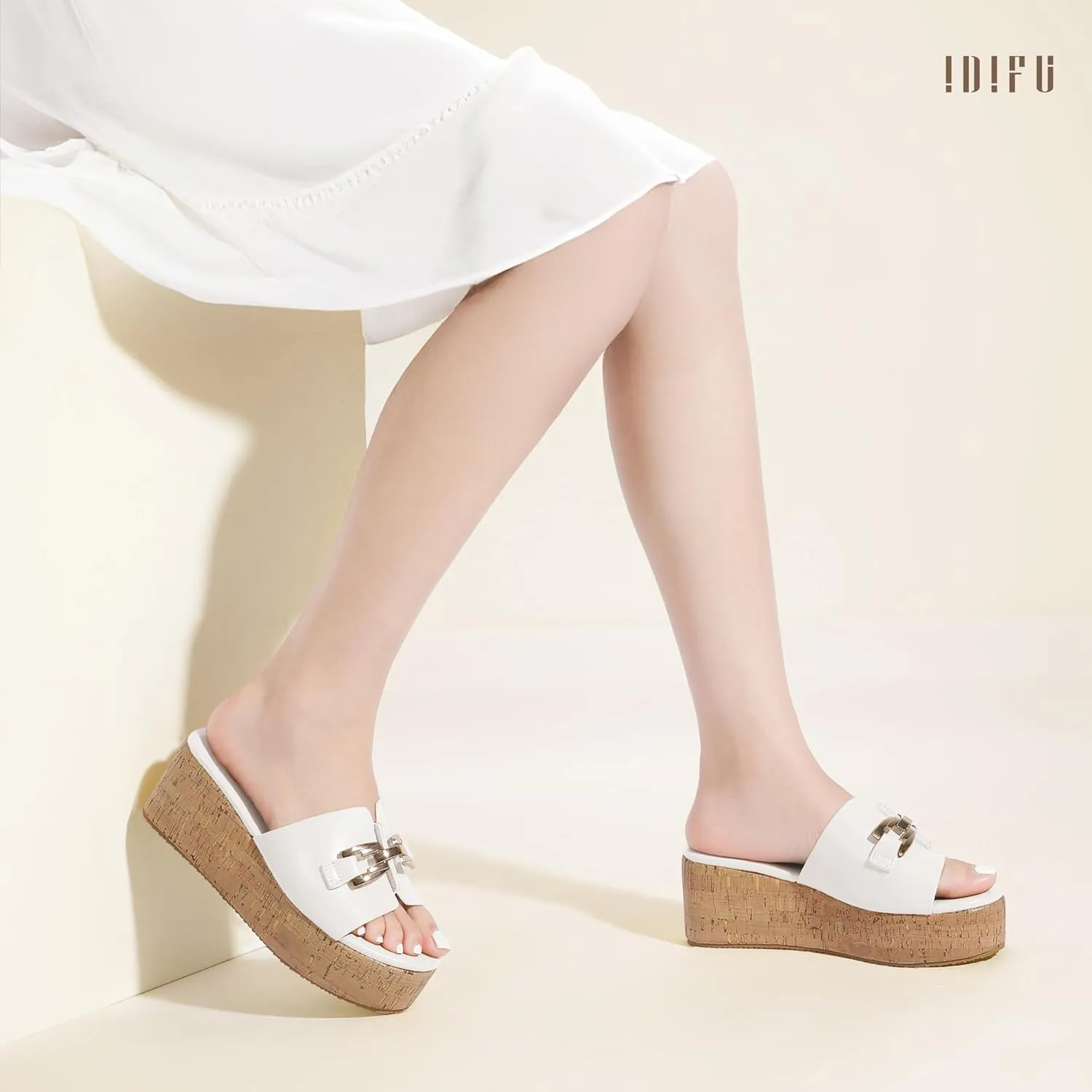 IDIFU IN2 Platform Sandals Open Toe Wedge Sandals for Women Dressy with Metal Chain Slip on Cute Summer Beach Chunky Slide Sandals Shoes Comfortable Fashion Casual Flatform Cork Wedges