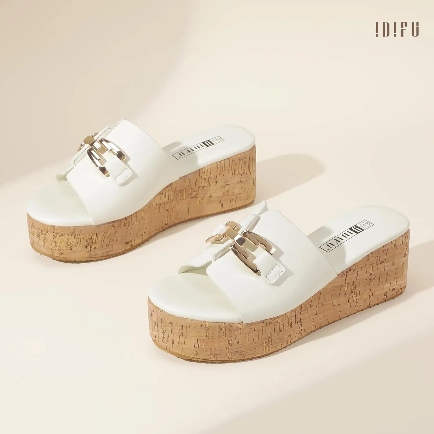 IDIFU IN2 Platform Sandals Open Toe Wedge Sandals for Women Dressy with Metal Chain Slip on Cute Summer Beach Chunky Slide Sandals Shoes Comfortable Fashion Casual Flatform Cork Wedges