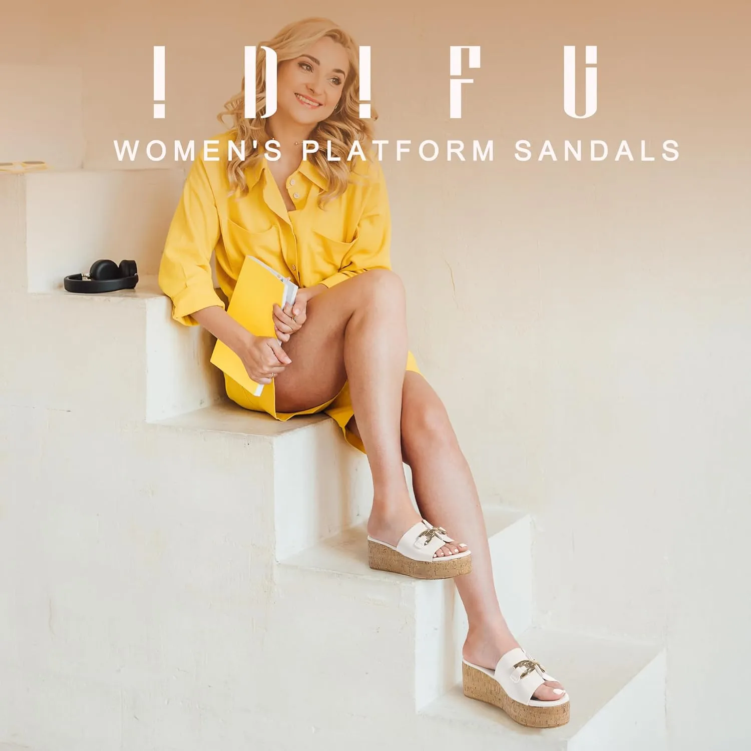 IDIFU IN2 Platform Sandals Open Toe Wedge Sandals for Women Dressy with Metal Chain Slip on Cute Summer Beach Chunky Slide Sandals Shoes Comfortable Fashion Casual Flatform Cork Wedges