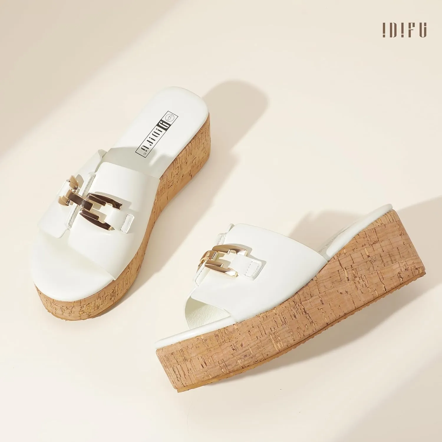 IDIFU IN2 Platform Sandals Open Toe Wedge Sandals for Women Dressy with Metal Chain Slip on Cute Summer Beach Chunky Slide Sandals Shoes Comfortable Fashion Casual Flatform Cork Wedges