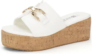 IDIFU IN2 Platform Sandals Open Toe Wedge Sandals for Women Dressy with Metal Chain Slip on Cute Summer Beach Chunky Slide Sandals Shoes Comfortable Fashion Casual Flatform Cork Wedges