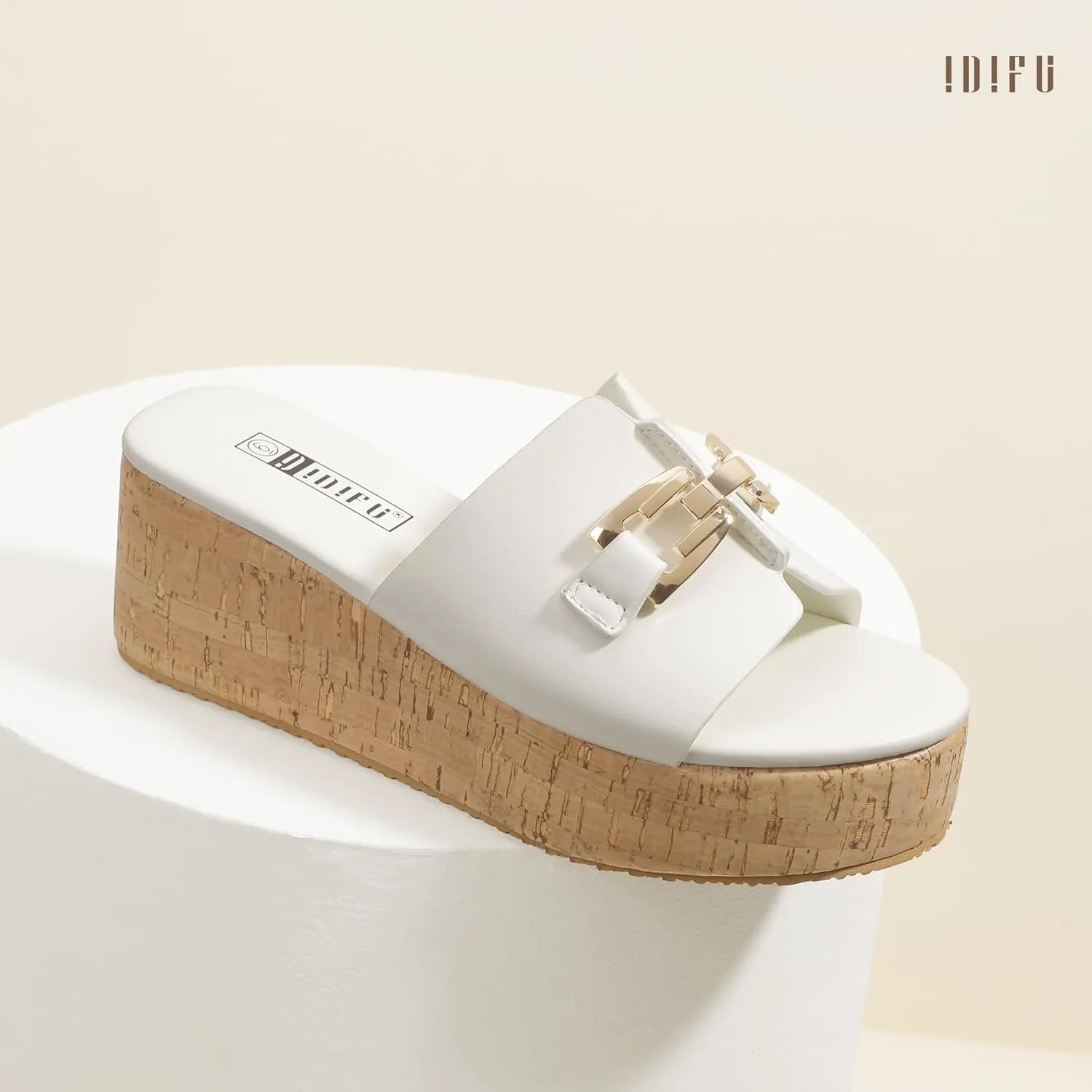 IDIFU IN2 Platform Sandals Open Toe Wedge Sandals for Women Dressy with Metal Chain Slip on Cute Summer Beach Chunky Slide Sandals Shoes Comfortable Fashion Casual Flatform Cork Wedges