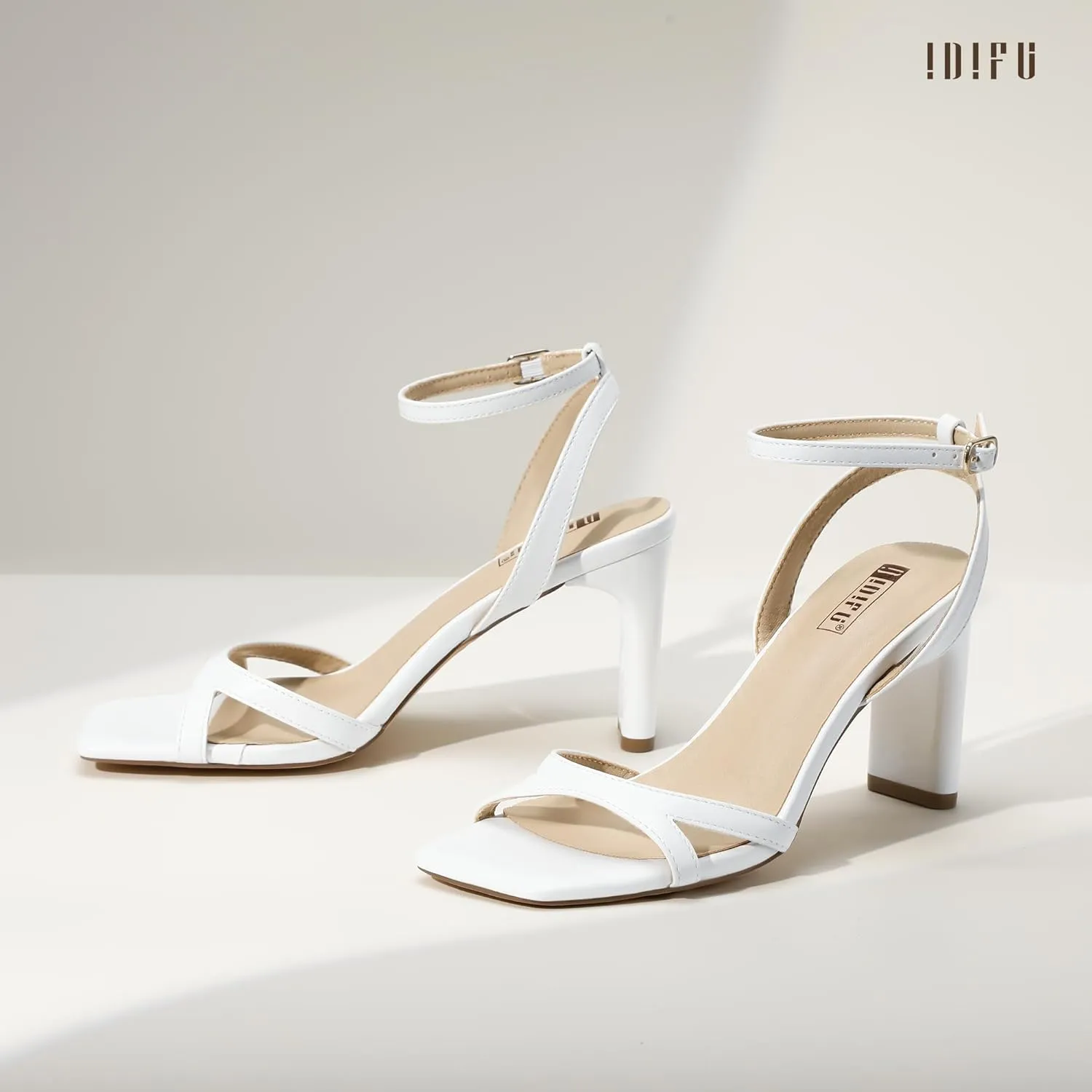 IDIFU IN3 Strappy Heels for Women Low Short Block Chunky Heeled Sandals Square Open Toe Cross Toe Straps Wedding Prom Graduation Dress Shoes Comfortable Cute Trendy Casual Ankle Strap Heels
