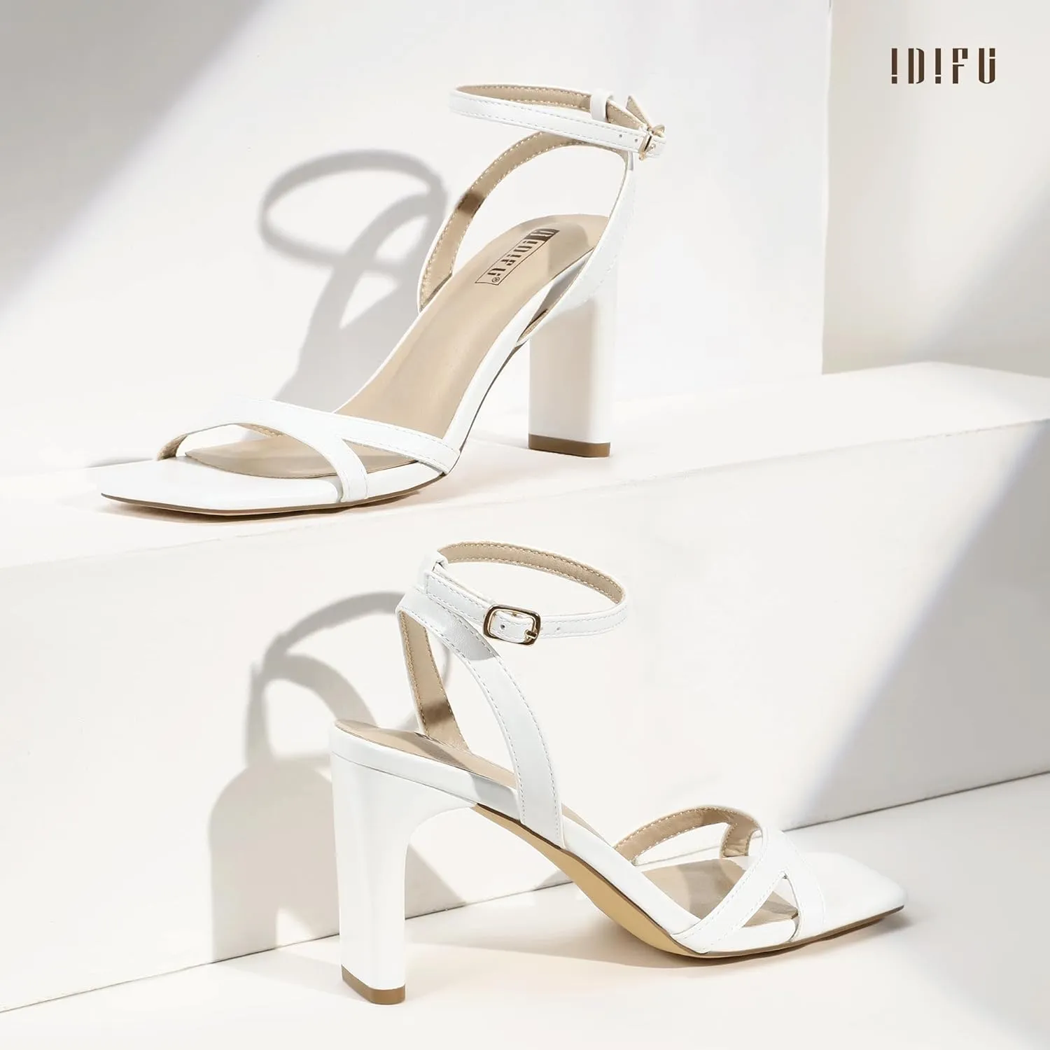 IDIFU IN3 Strappy Heels for Women Low Short Block Chunky Heeled Sandals Square Open Toe Cross Toe Straps Wedding Prom Graduation Dress Shoes Comfortable Cute Trendy Casual Ankle Strap Heels