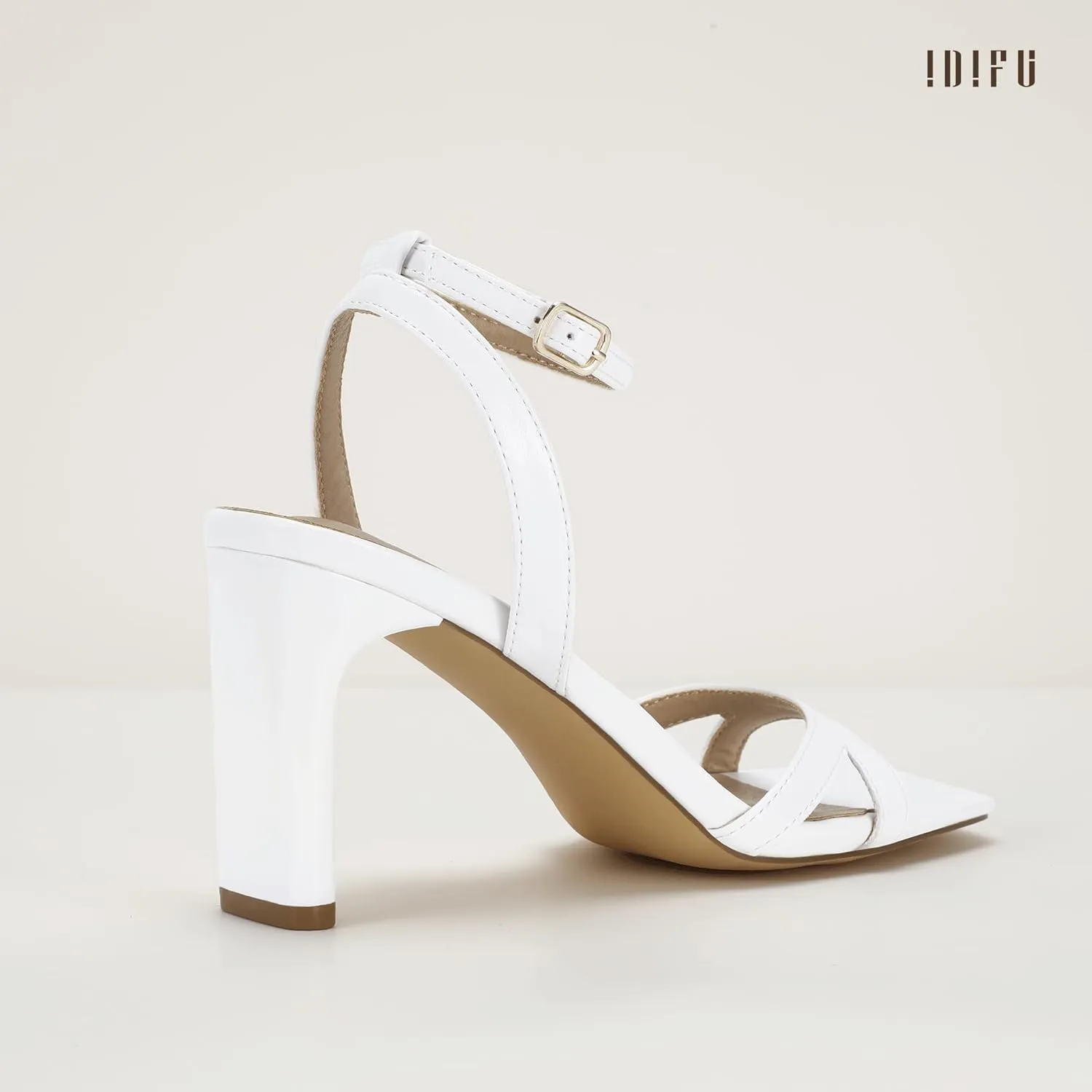 IDIFU IN3 Strappy Heels for Women Low Short Block Chunky Heeled Sandals Square Open Toe Cross Toe Straps Wedding Prom Graduation Dress Shoes Comfortable Cute Trendy Casual Ankle Strap Heels