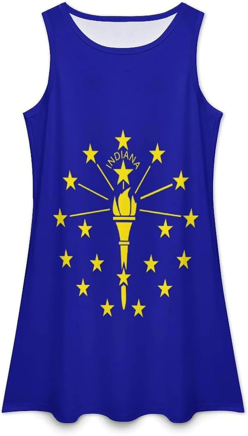 Indiana State Flag Women's Summer Dress Sleeveless Casual Loose Beach Vacation Tank Sundress