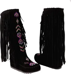 Inornever Knee High Boots for Women Moccasins Embroidered Fringe Black Booties Cowboy Winter Comfortable Warm Vintage Flat Heel Cowgirl Western Suede Long Snow Tassel Boots 6.5