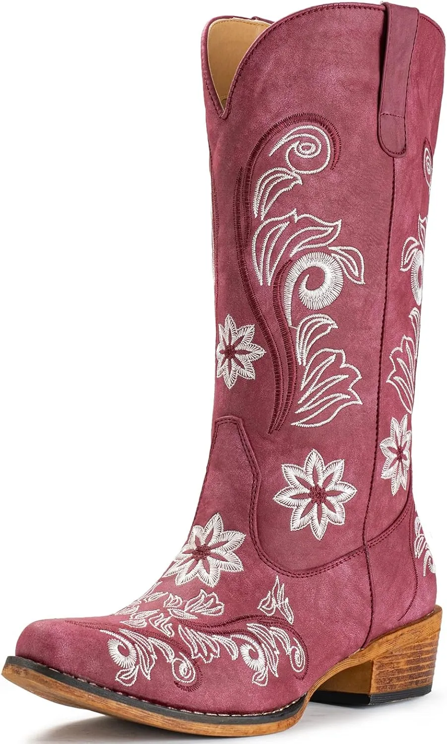 IUV Cowboy Boots For Women Mid Calf Cowgirl Boots Embroidered Pull-On Tabs Snip Toe Boot