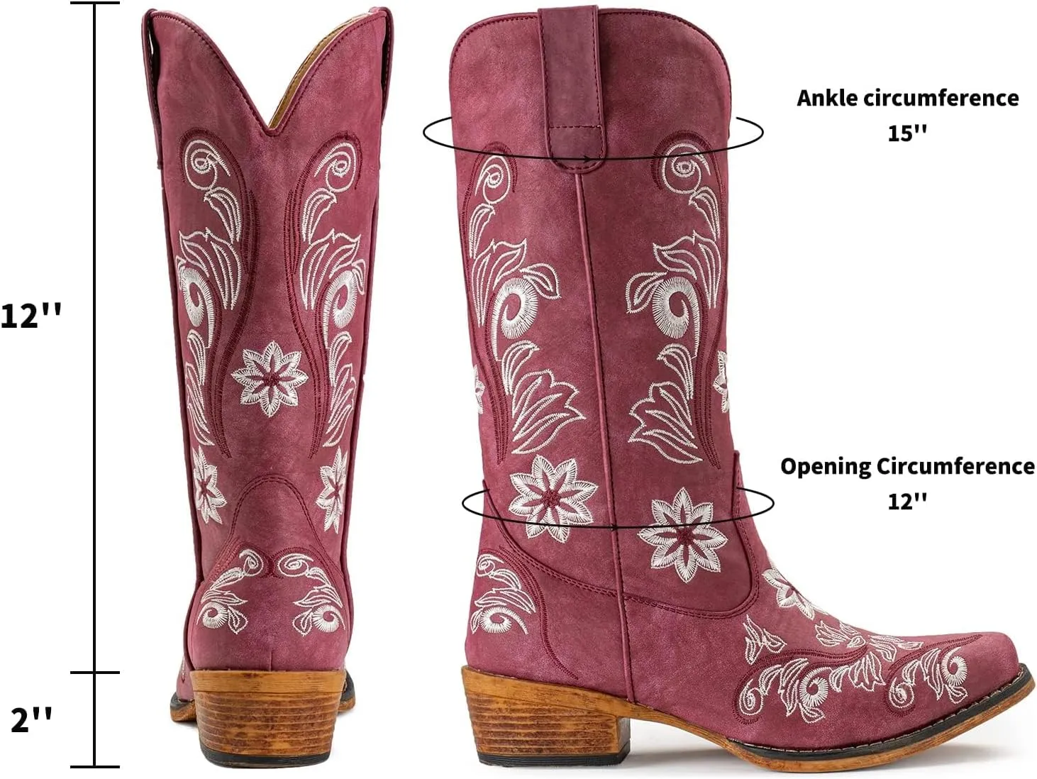 IUV Cowboy Boots For Women Mid Calf Cowgirl Boots Embroidered Pull-On Tabs Snip Toe Boot
