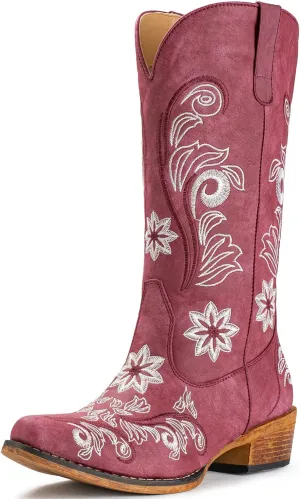 IUV Cowboy Boots For Women Mid Calf Cowgirl Boots Embroidered Pull-On Tabs Snip Toe Boot