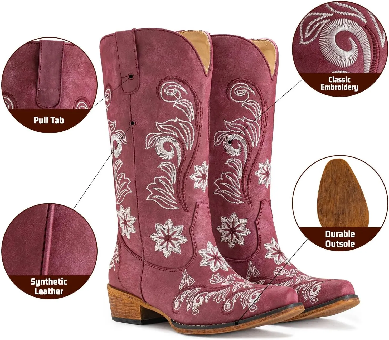 IUV Cowboy Boots For Women Mid Calf Cowgirl Boots Embroidered Pull-On Tabs Snip Toe Boot