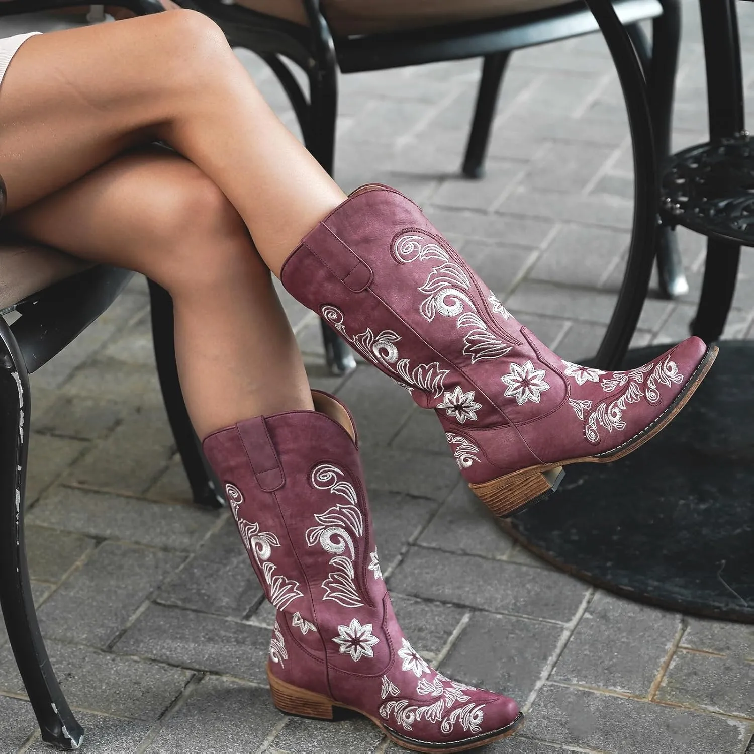 IUV Cowboy Boots For Women Mid Calf Cowgirl Boots Embroidered Pull-On Tabs Snip Toe Boot