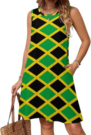 Jamaica Day with Jamaica Flag Women's Summer Dress Sleeveless Casual Loose Beach Vacation Tank Sundress