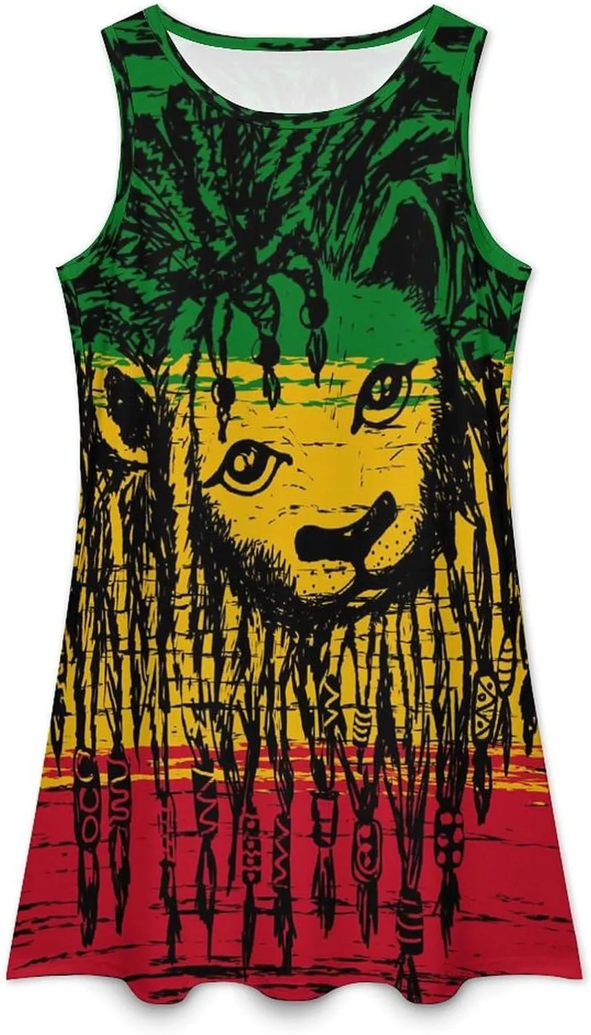 Jamaica Lion Rastafarian Women's Summer Dress Sleeveless Casual Loose Beach Vacation Tank Sundress
