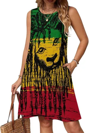 Jamaica Lion Rastafarian Women's Summer Dress Sleeveless Casual Loose Beach Vacation Tank Sundress