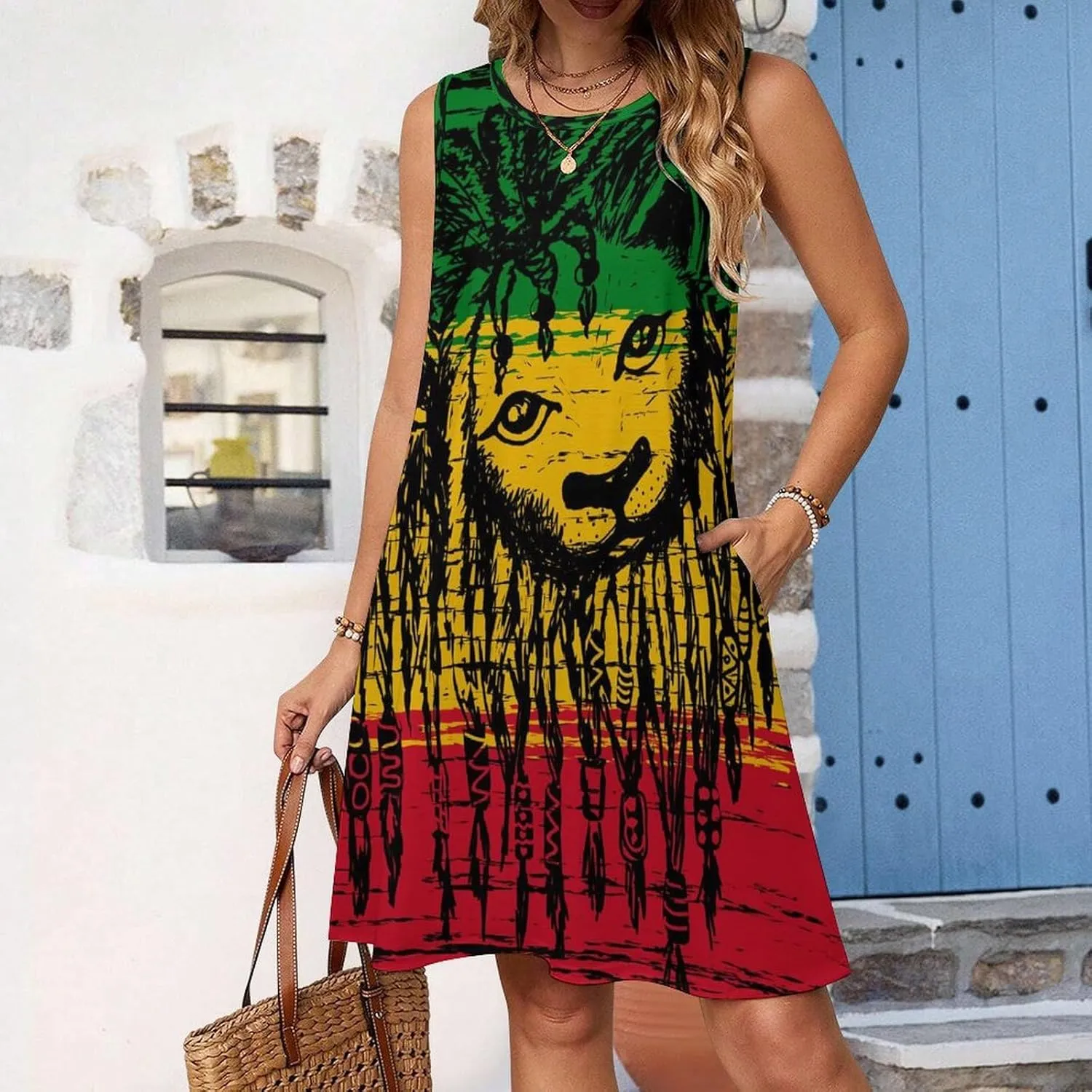 Jamaica Lion Rastafarian Women's Summer Dress Sleeveless Casual Loose Beach Vacation Tank Sundress