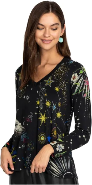 Johnny Was Celestin Favorite V Neck Swing Tee Shirt Black Top Floral Special New
