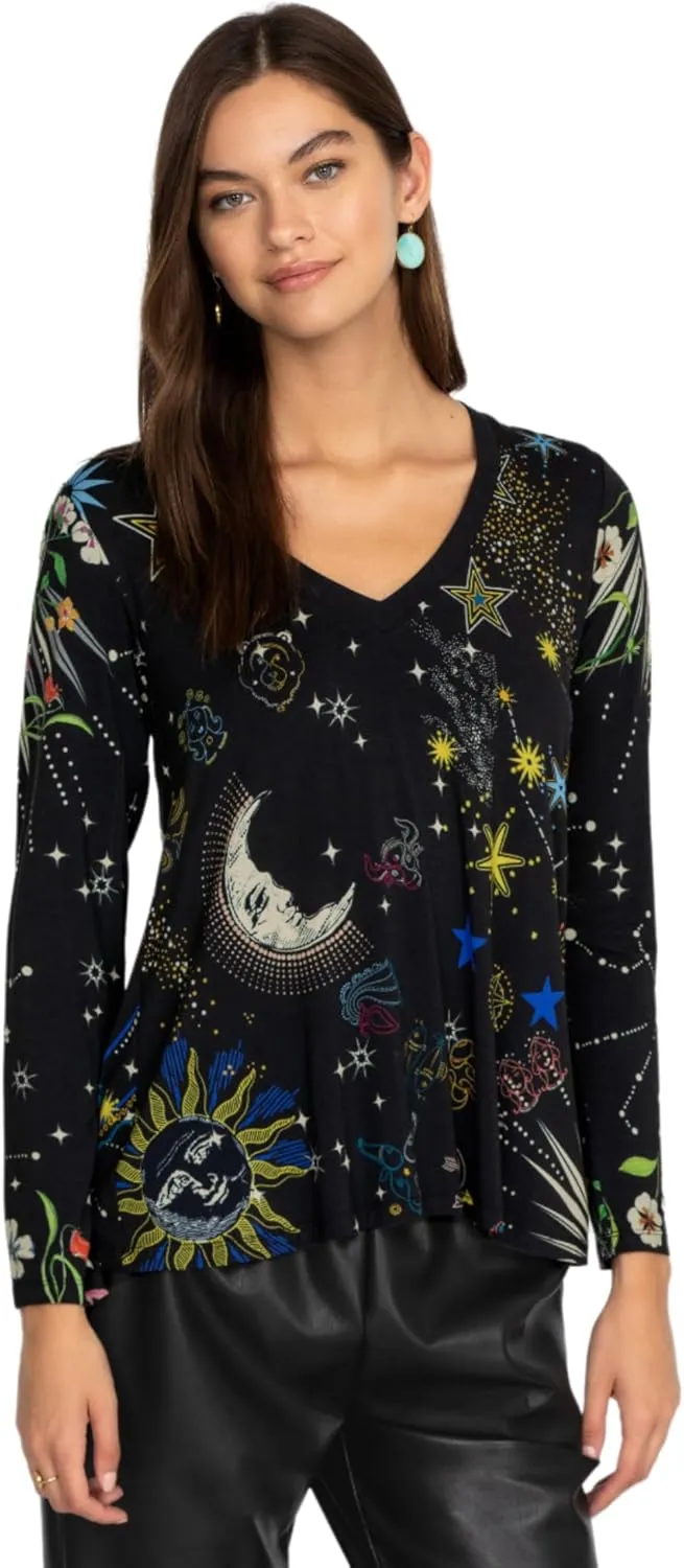 Johnny Was Celestin Favorite V Neck Swing Tee Shirt Black Top Floral Special New