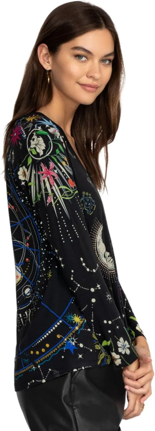 Johnny Was Celestin Favorite V Neck Swing Tee Shirt Black Top Floral Special New