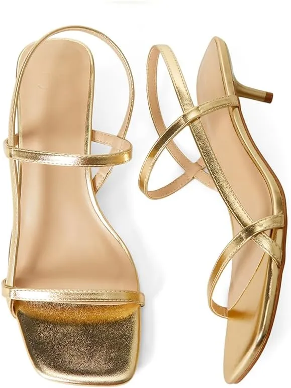 JustFab Kitten Heels for Womens Square Open Toe Slip on Heels Strappy Sandals Comfort Dress Party Shoes - NICOLE