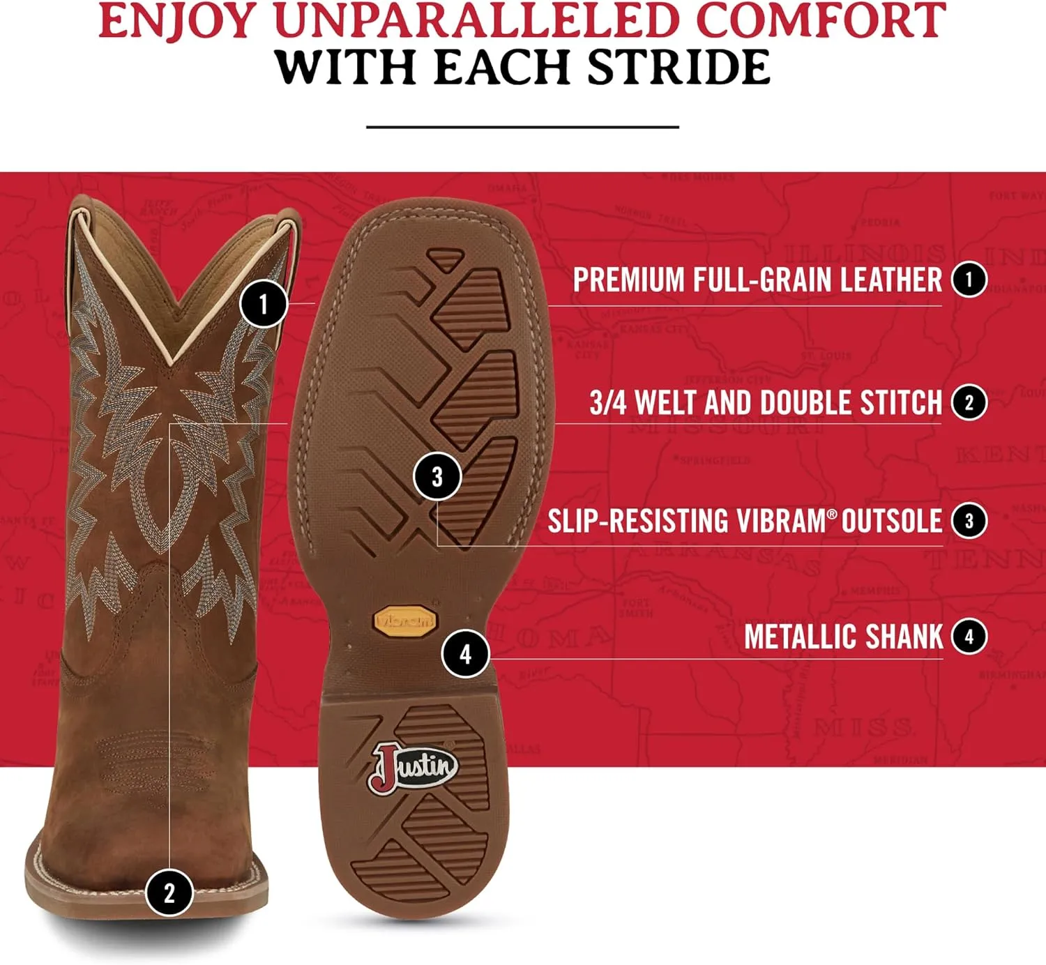 Justin Big Bucks 11” Western Boots for Men - Frontier Collection - Square Toe Leather Men’s Cowboy Boots with Comfort Footbed, Non Slip Rubber Outsole