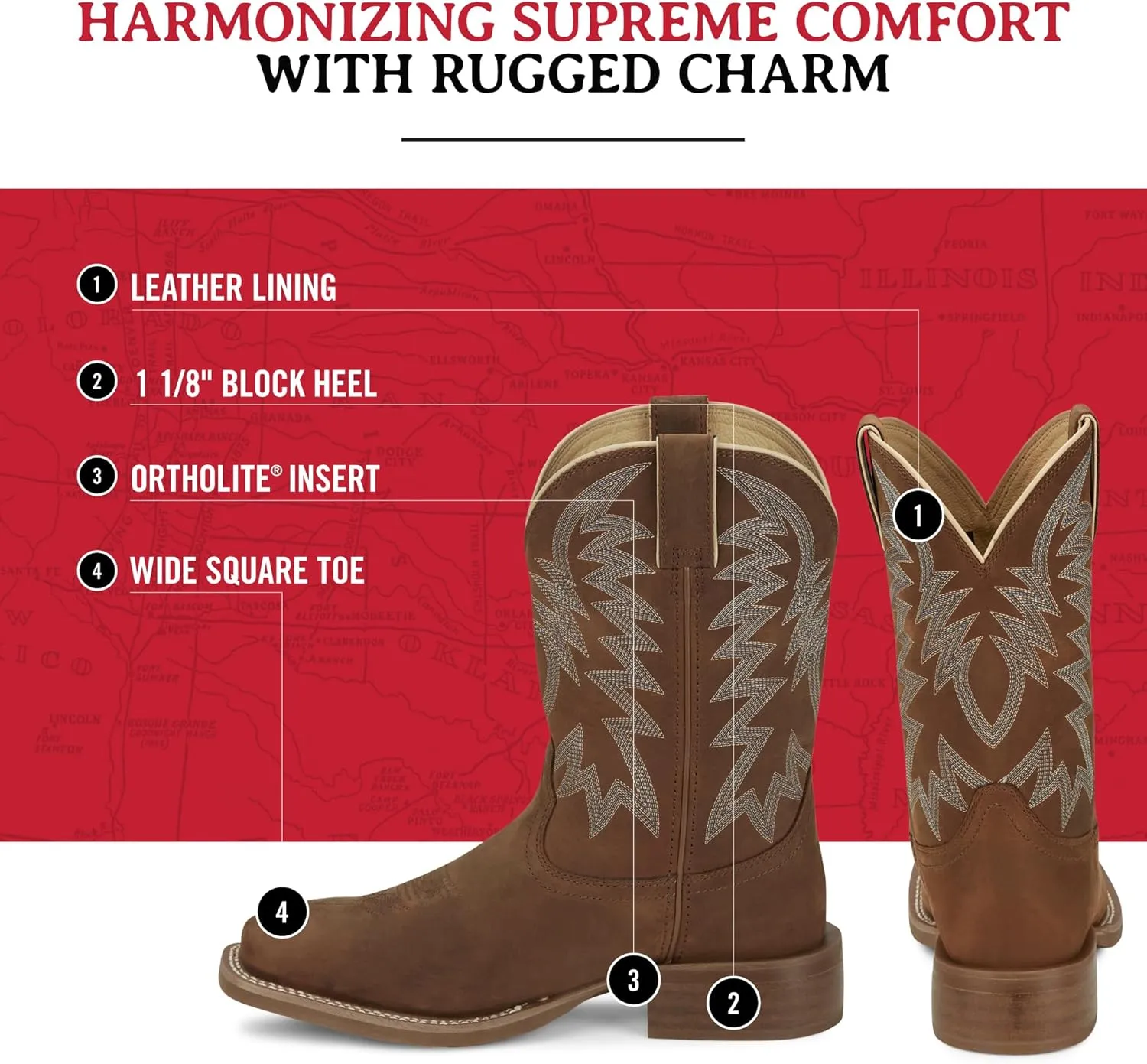 Justin Big Bucks 11” Western Boots for Men - Frontier Collection - Square Toe Leather Men’s Cowboy Boots with Comfort Footbed, Non Slip Rubber Outsole