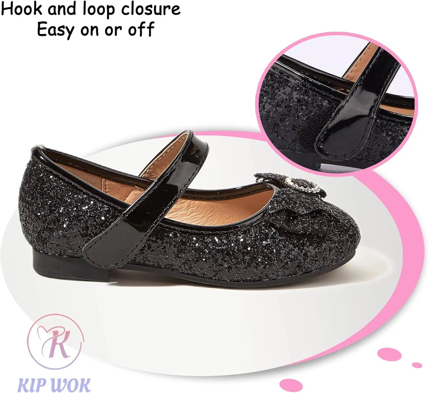 K KIP WOK Toddler Girl Mary Jane Dress Glitter Flats Shoes Flower for Ballet Wedding