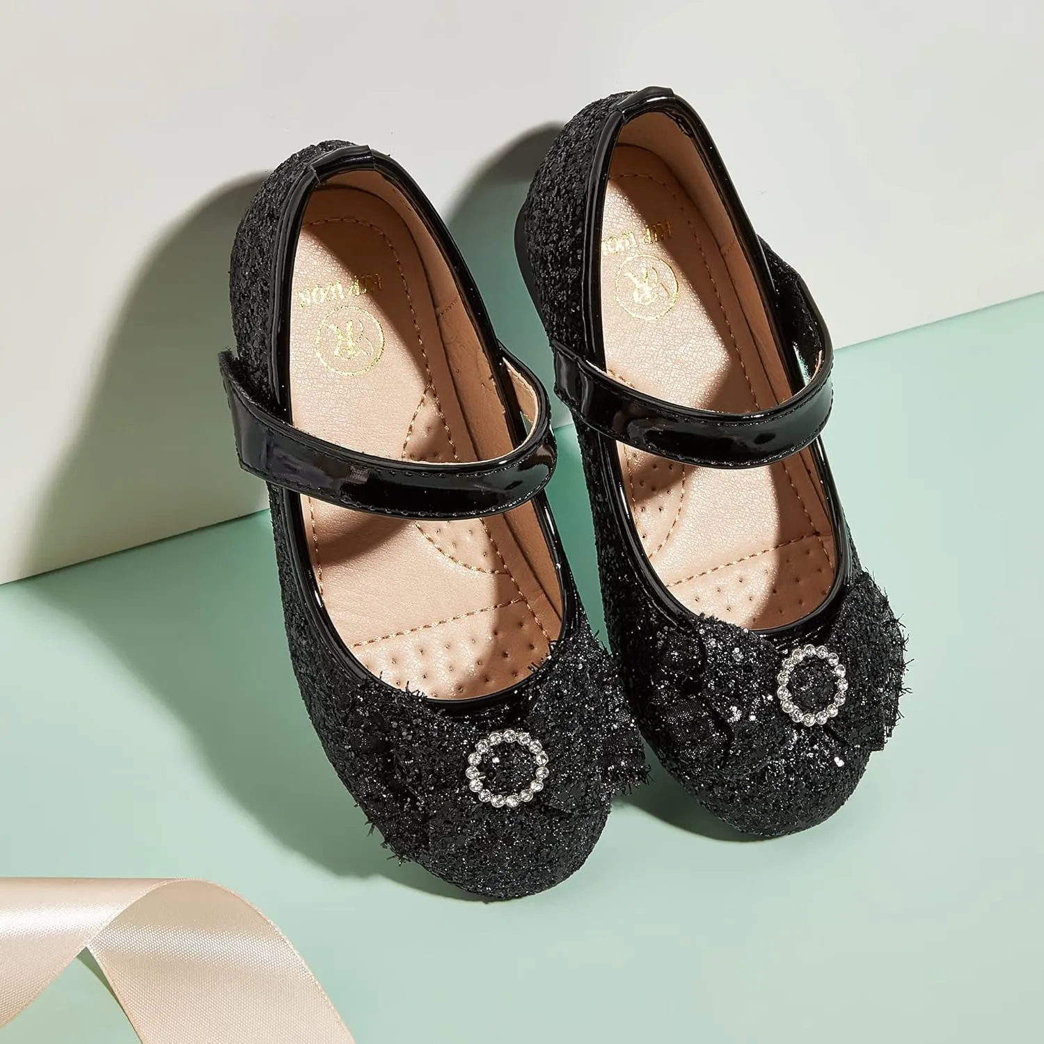 K KIP WOK Toddler Girl Mary Jane Dress Glitter Flats Shoes Flower for Ballet Wedding