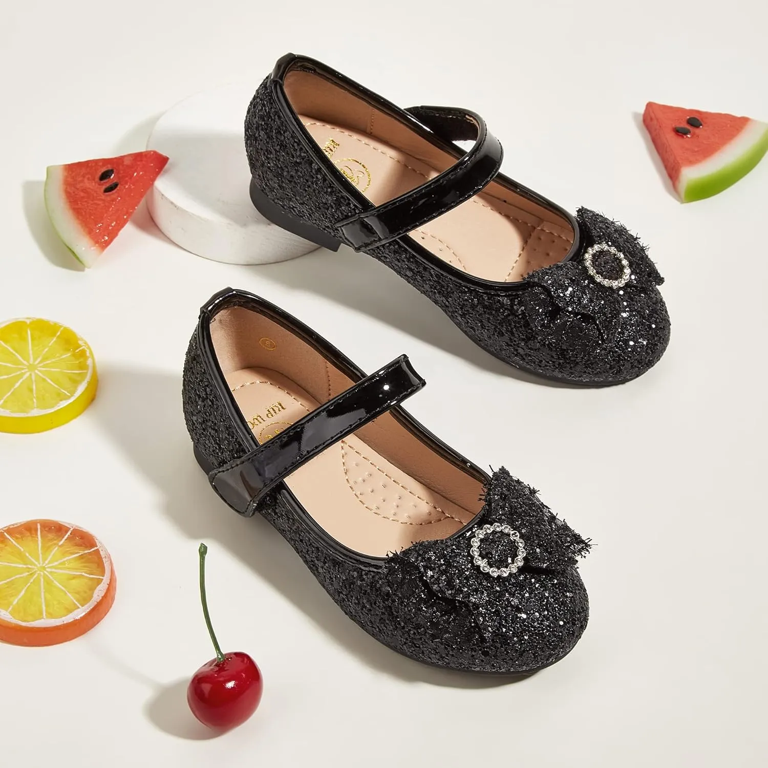 K KIP WOK Toddler Girl Mary Jane Dress Glitter Flats Shoes Flower for Ballet Wedding
