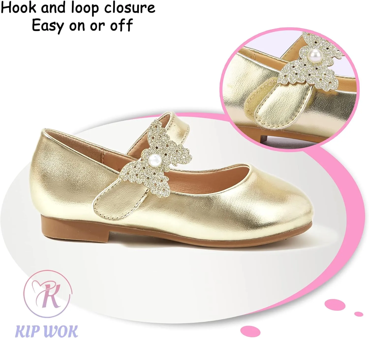 K KIP WOK Toddler Girl Mary Jane Dress Glitter Flats Shoes Flower for Ballet Wedding