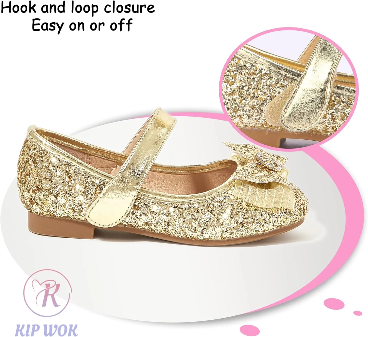 K KIP WOK Toddler Girl Mary Jane Dress Glitter Flats Shoes Flower for Ballet Wedding