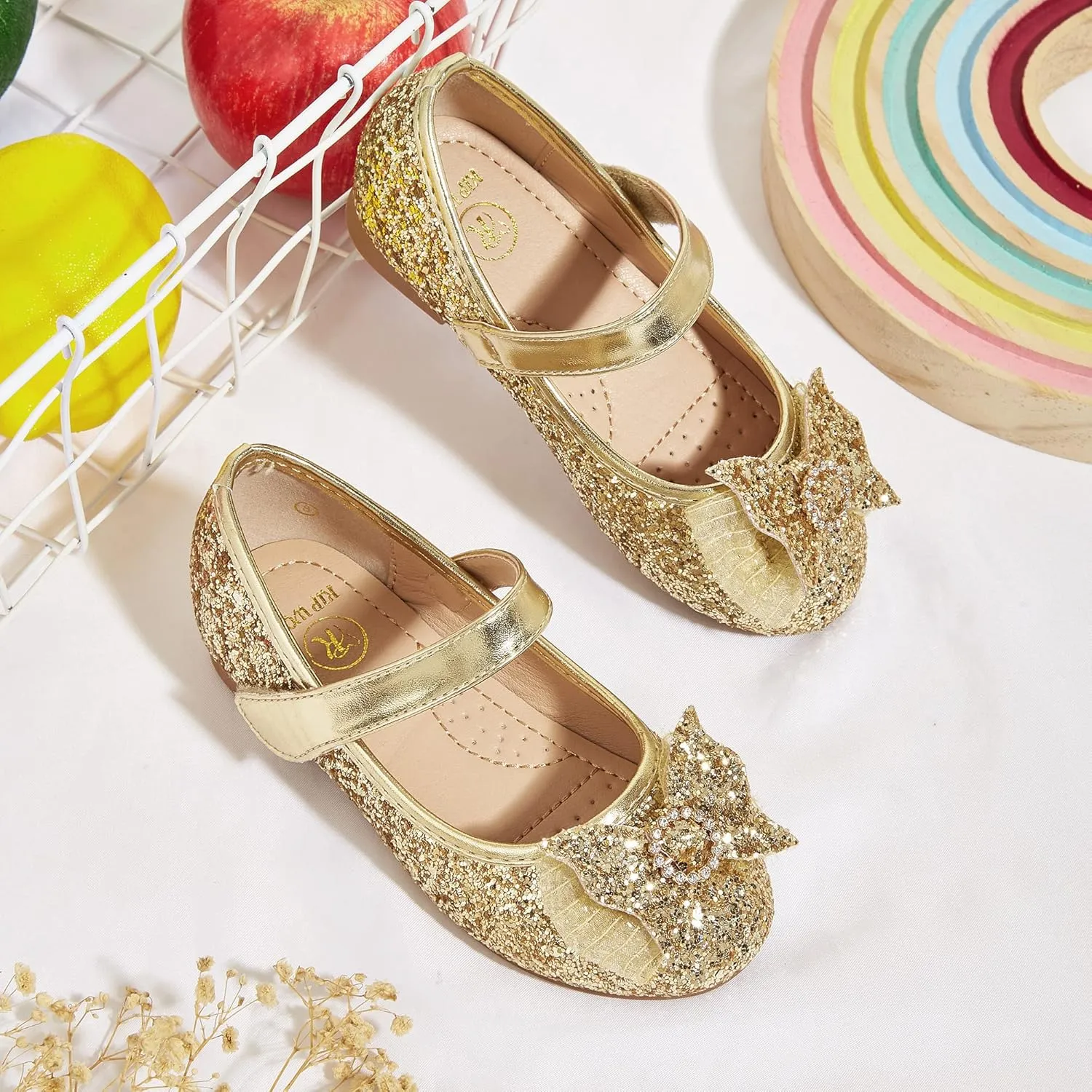 K KIP WOK Toddler Girl Mary Jane Dress Glitter Flats Shoes Flower for Ballet Wedding