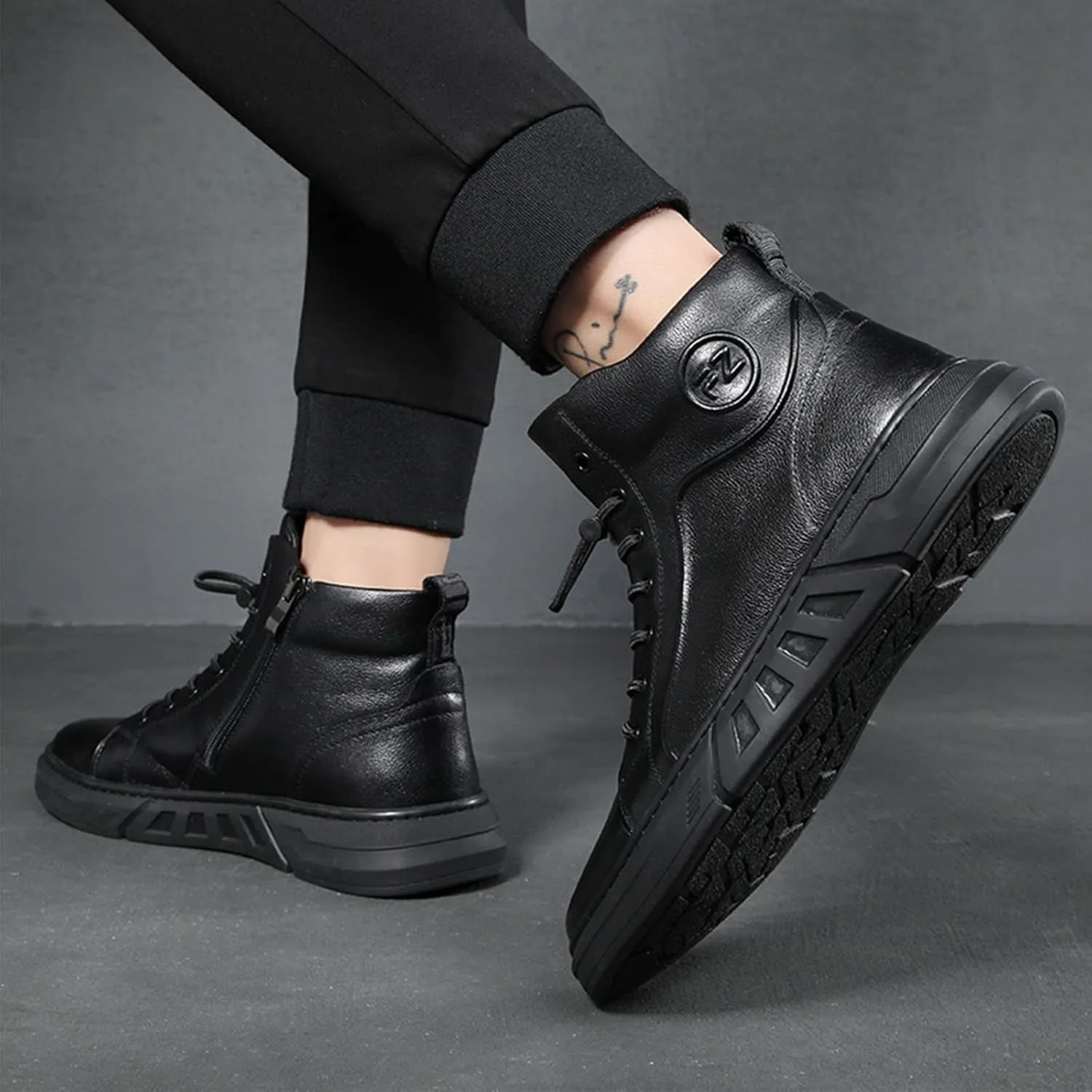 Keilinia Men Black Italian Hand-Stitching High Height Casual Leather Boots,Fall Winter Non-slip Luxury Business Ankle Booties