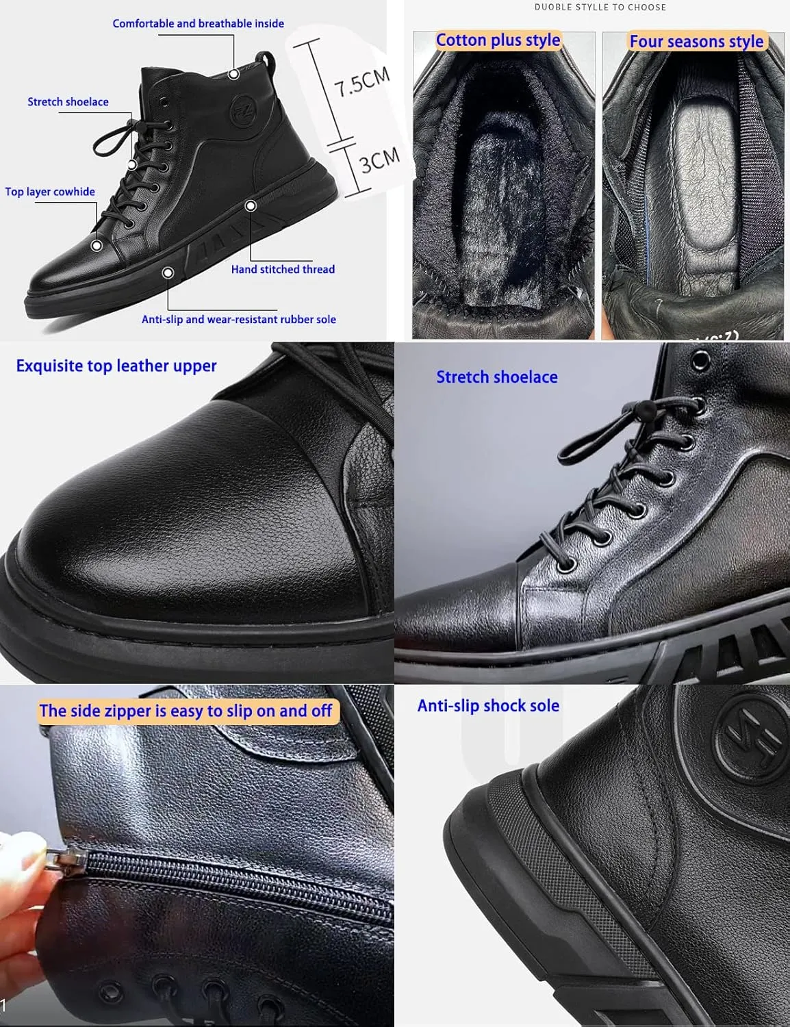 Keilinia Men Black Italian Hand-Stitching High Height Casual Leather Boots,Fall Winter Non-slip Luxury Business Ankle Booties