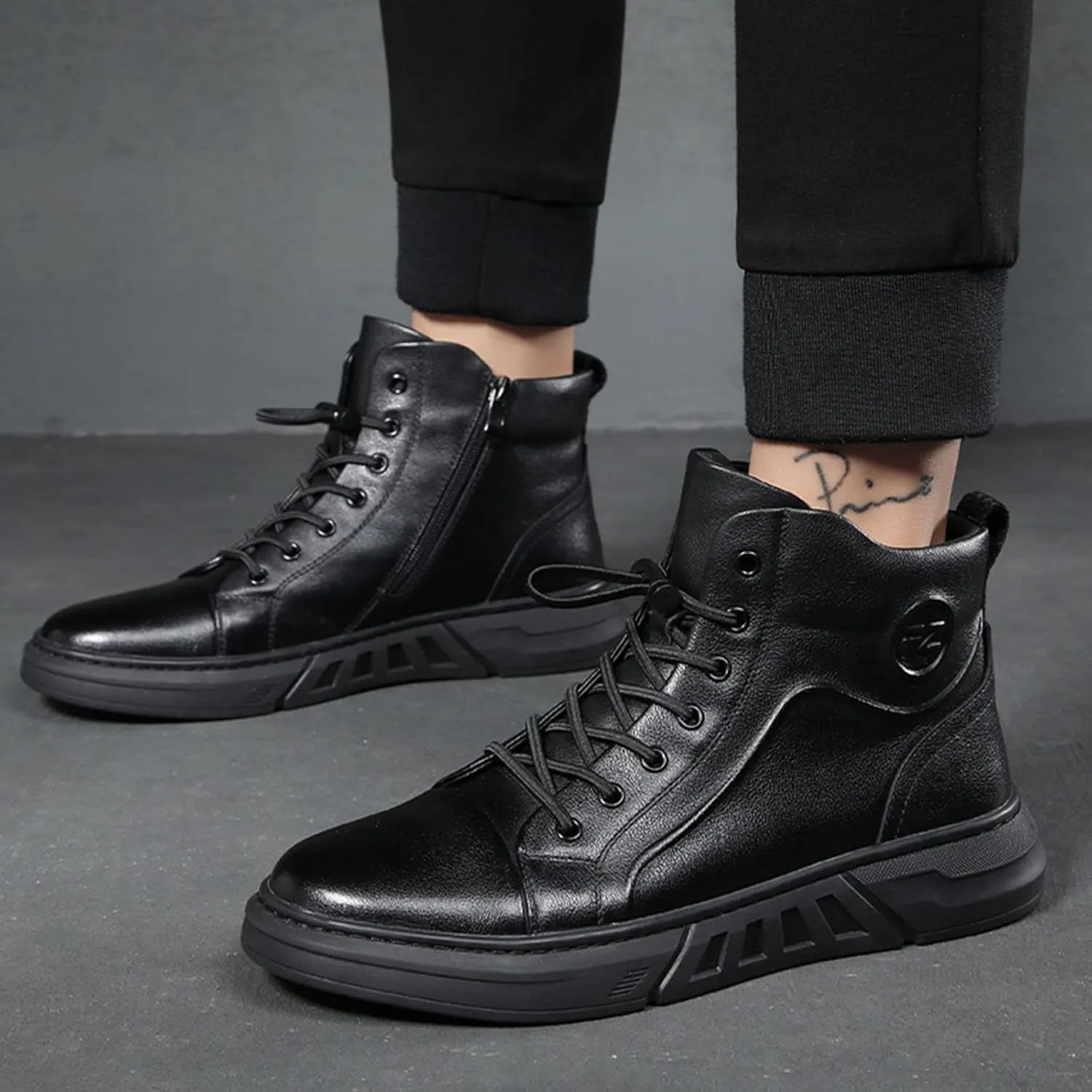 Keilinia Men Black Italian Hand-Stitching High Height Casual Leather Boots,Fall Winter Non-slip Luxury Business Ankle Booties