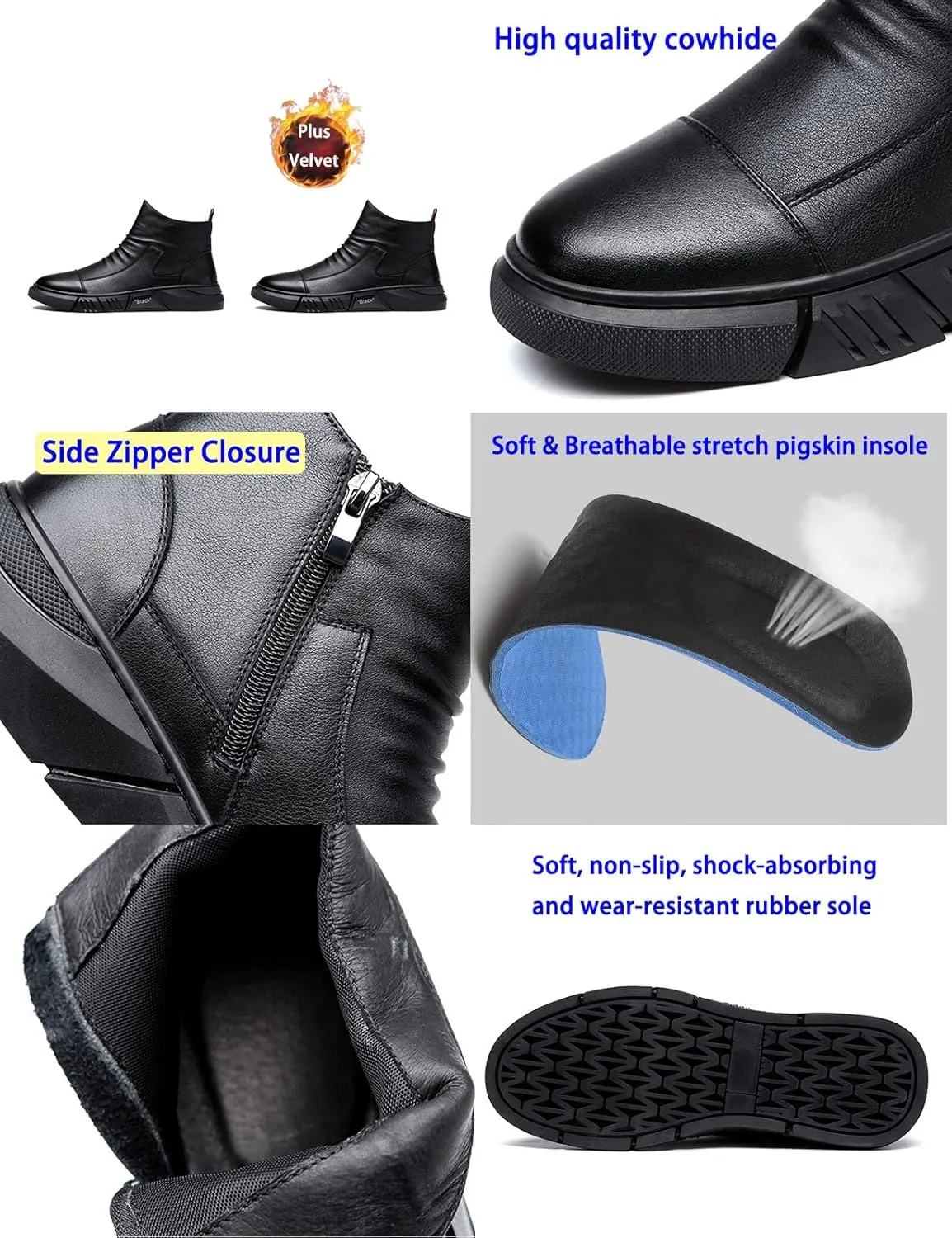 Keilinia Men Black Italian High-top Casual Leather Boots,2022 Fall New Round Toe Waterproof Non-slip Shock-absorbing Booties