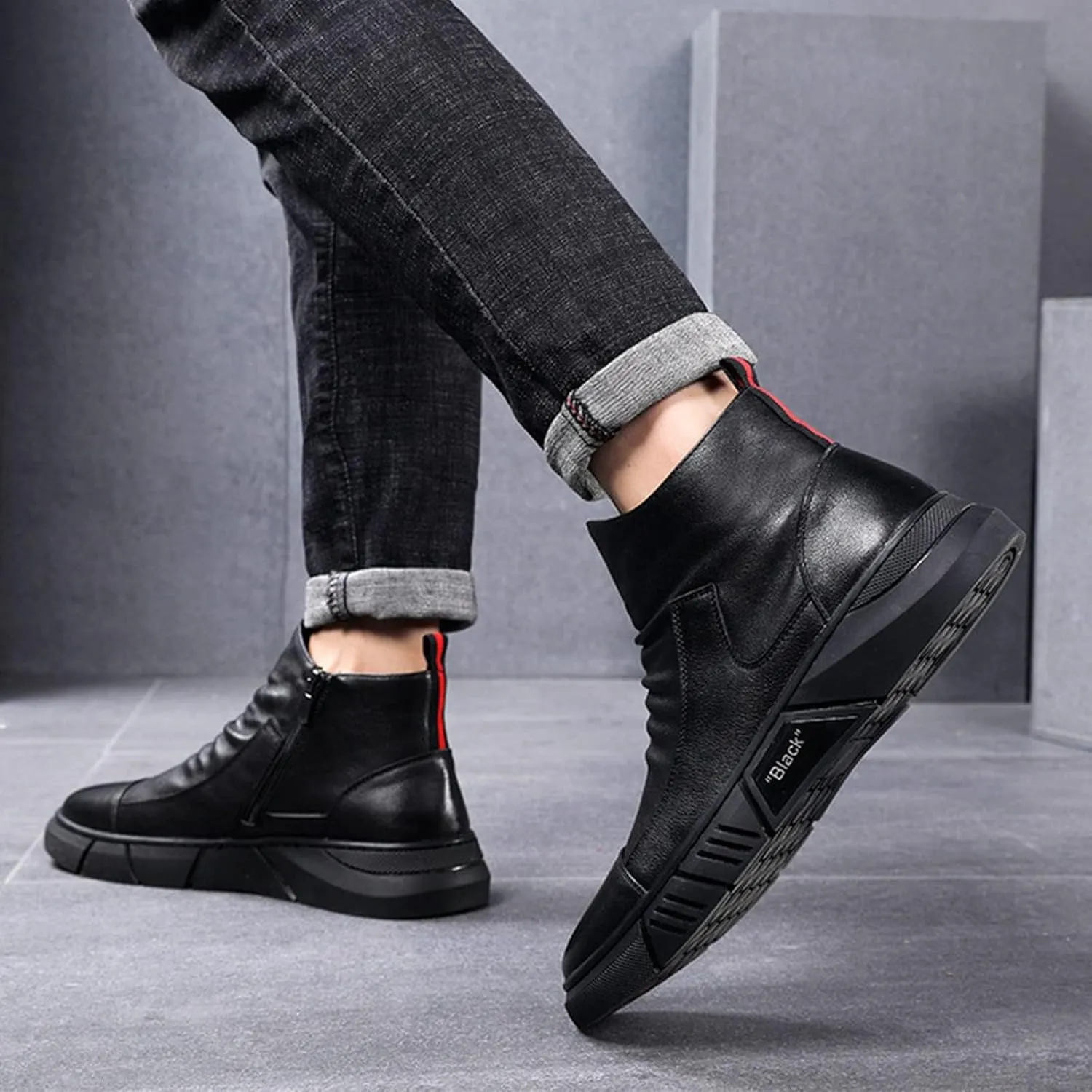 Keilinia Men Black Italian High-top Casual Leather Boots,2022 Fall New Round Toe Waterproof Non-slip Shock-absorbing Booties