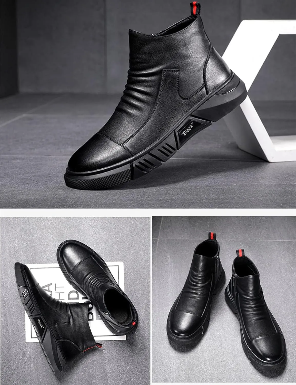 Keilinia Men Black Italian High-top Casual Leather Boots,2022 Fall New Round Toe Waterproof Non-slip Shock-absorbing Booties