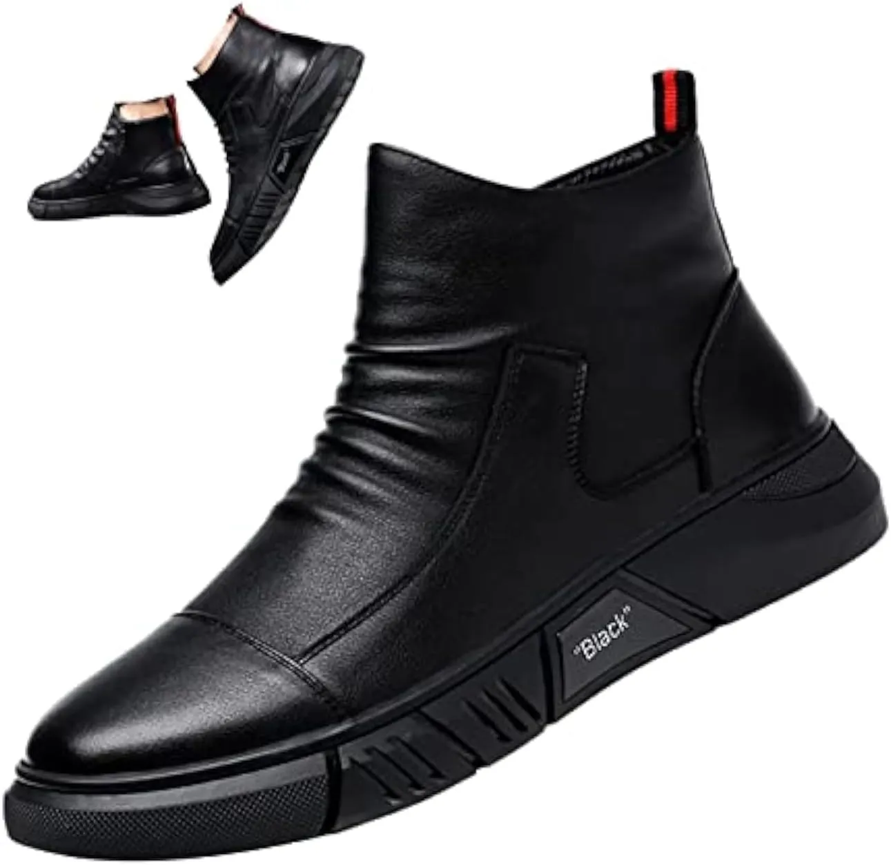 Keilinia Men Black Italian High-top Casual Leather Boots,2022 Fall New Round Toe Waterproof Non-slip Shock-absorbing Booties