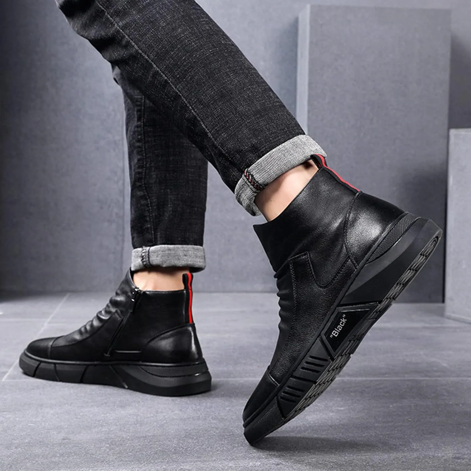 Keilinia Men Black Italian High-top Casual Leather Boots,2022 Fall New Round Toe Waterproof Non-slip Shock-absorbing Booties