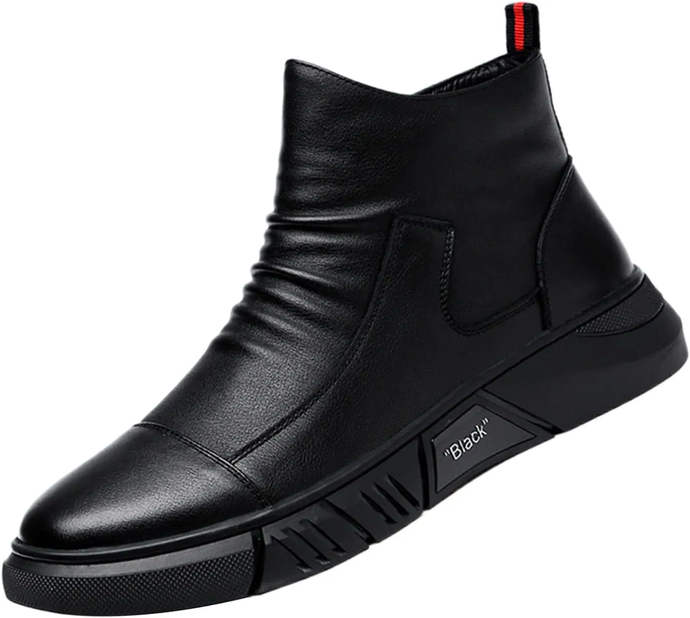 Keilinia Men Black Italian High-top Casual Leather Boots,2022 Fall New Round Toe Waterproof Non-slip Shock-absorbing Booties