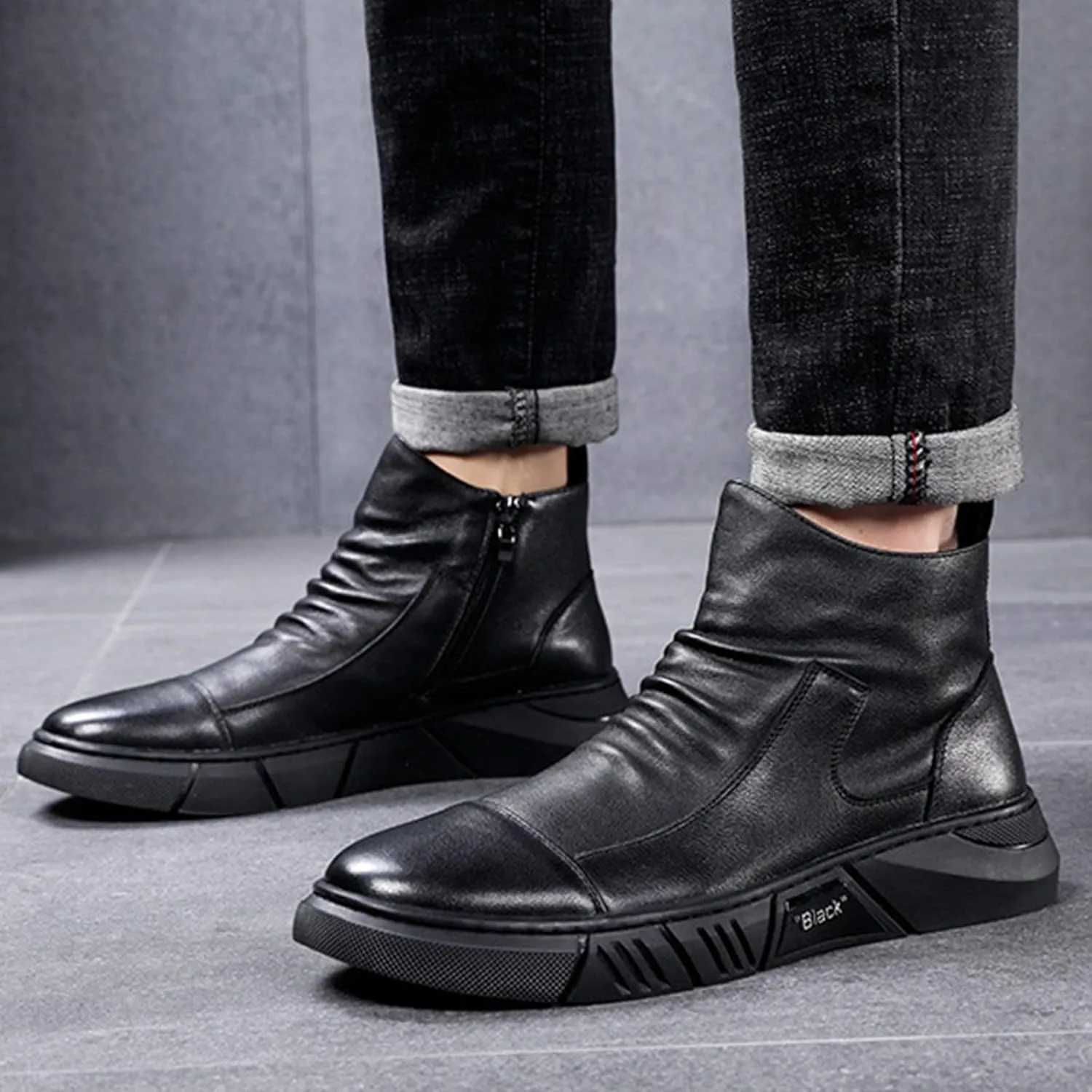Keilinia Men Black Italian High-top Casual Leather Boots,2022 Fall New Round Toe Waterproof Non-slip Shock-absorbing Booties