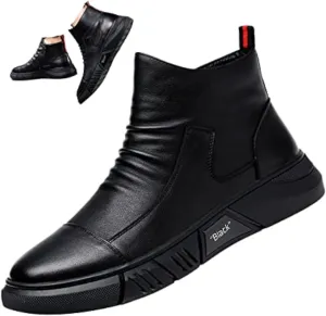 Keilinia Men Black Italian High-top Casual Leather Boots,2022 Fall New Round Toe Waterproof Non-slip Shock-absorbing Booties