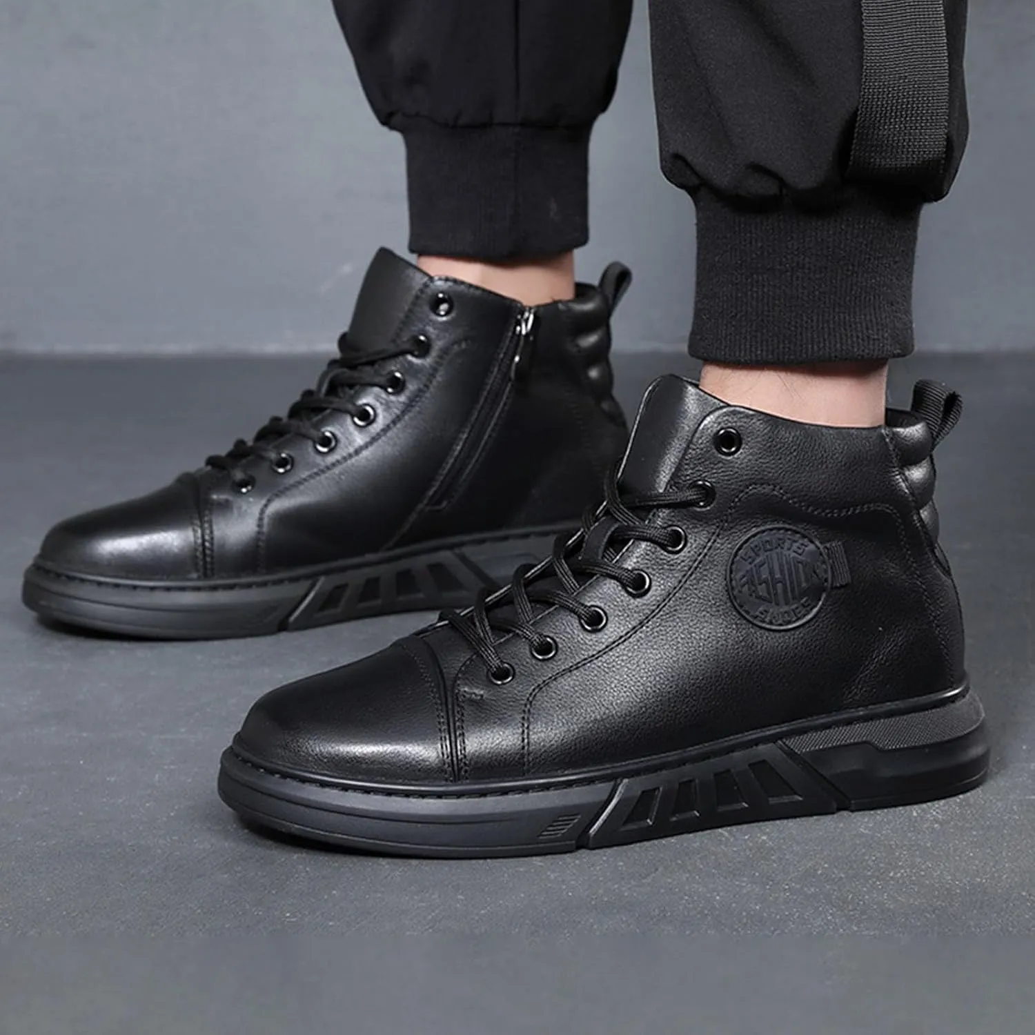 Keilinia Men's Black High-top Leather Boots,2023 Fall/Winter New Round Toe Non-slip Side Zip Casual Business Dress Ankle Booties
