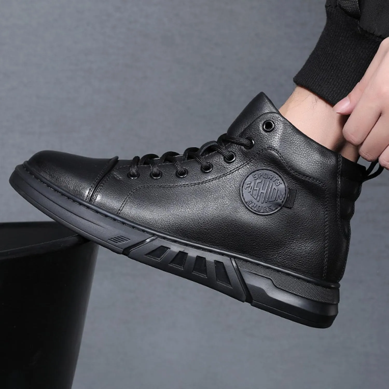 Keilinia Men's Black High-top Leather Boots,2023 Fall/Winter New Round Toe Non-slip Side Zip Casual Business Dress Ankle Booties
