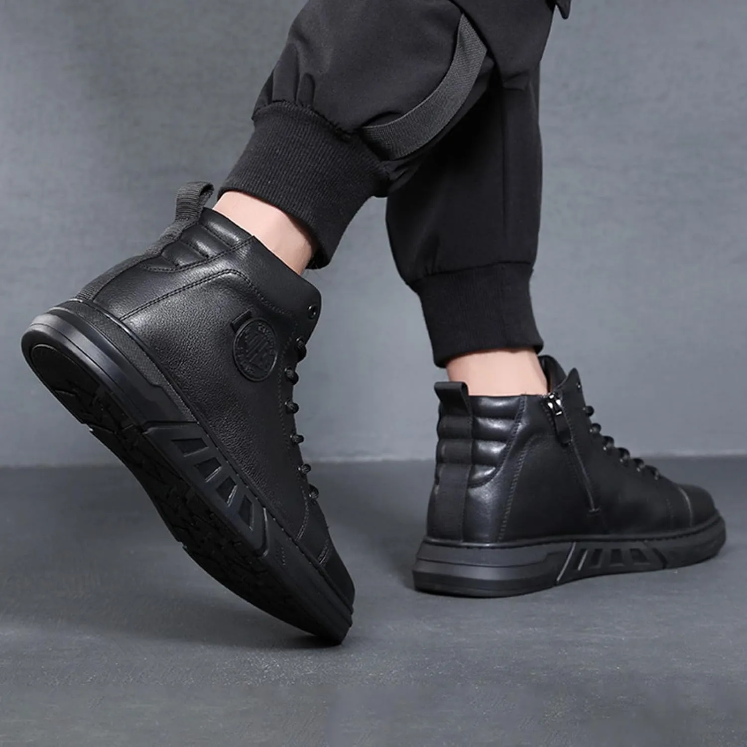 Keilinia Men's Black High-top Leather Boots,2023 Fall/Winter New Round Toe Non-slip Side Zip Casual Business Dress Ankle Booties