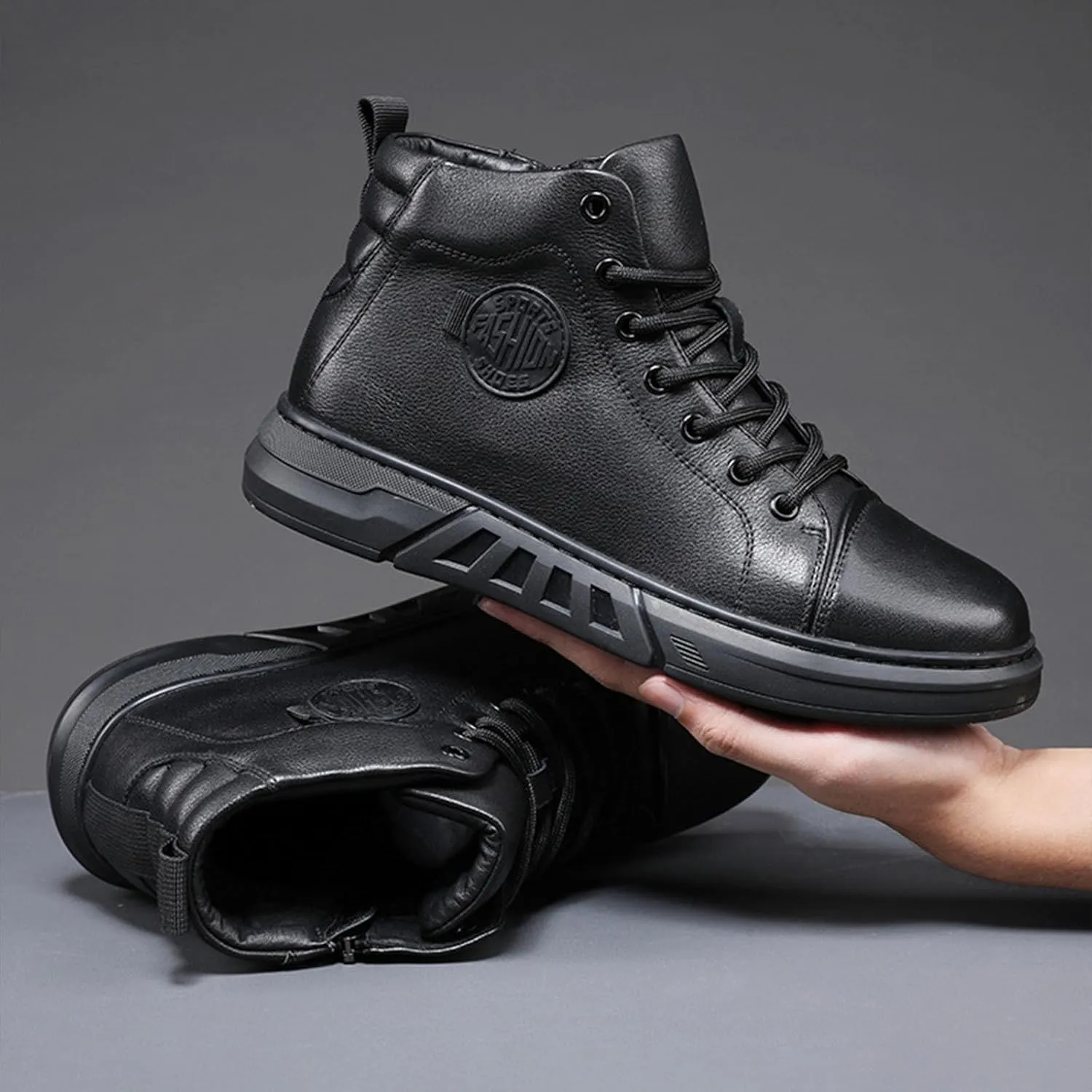 Keilinia Men's Black High-top Leather Boots,2023 Fall/Winter New Round Toe Non-slip Side Zip Casual Business Dress Ankle Booties