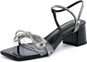 kkdom Women's Block Chunky Heels Sandals Rhinestone Bowknots Crystal Sandals Sexy Square Toe Dressy Shoes for Dating Party Wedding