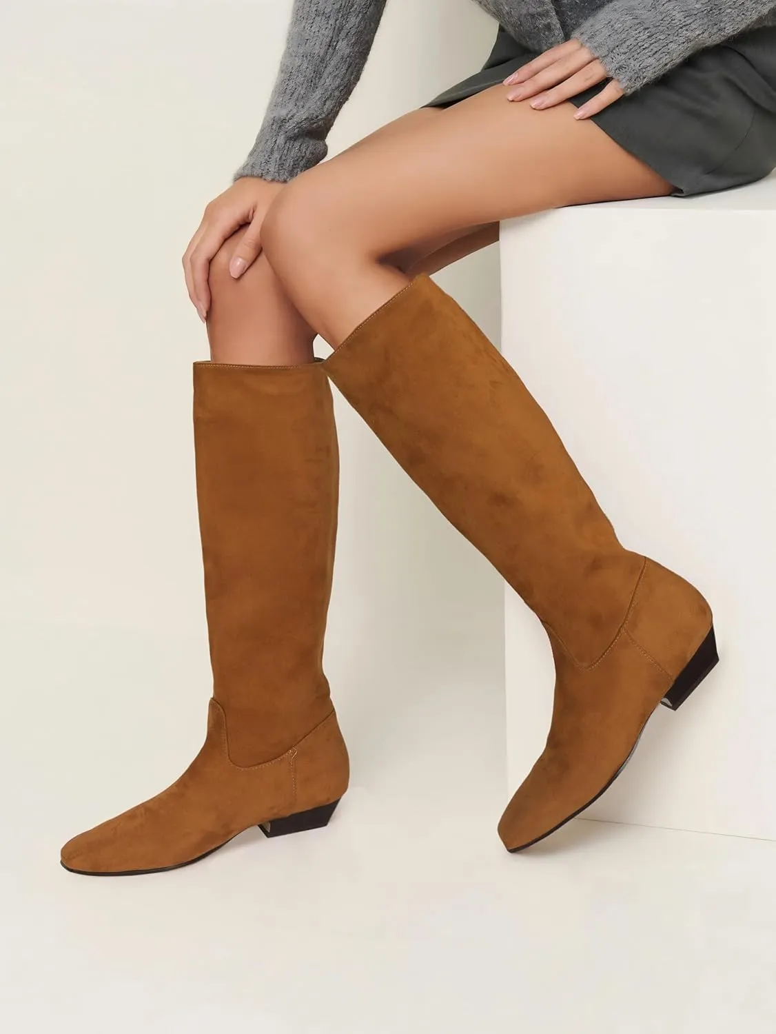 Knee High Boots for Women Square Toe Tall Boots Chunky Low Stacked Heels Long Boots Suede Pull on Wide Calf Comfy Dressy Fashion Casual